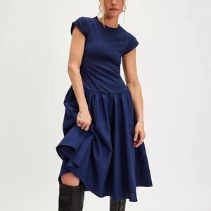 FREE PEOPLE afternoon elegance midi dress navy blue Sz XS NEW